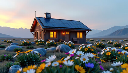 Modern eco-friendly cabin brown gray sunset serene spring flowers 