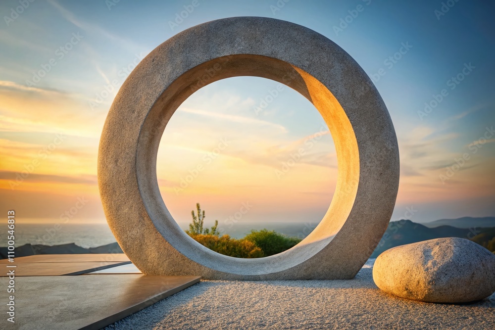 Poster abstract round stone portal: a minimalist exploration of nature's geometry in calm tones and texture