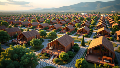 Wooden cabins village sunset brown green idyllic summer resort 