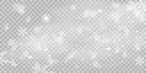 Illustration of tiny flying snow flakes. Menacing dust freezes shapes. Snowfall sky white transparent wallpaper. Flat snowflakes january vector.	