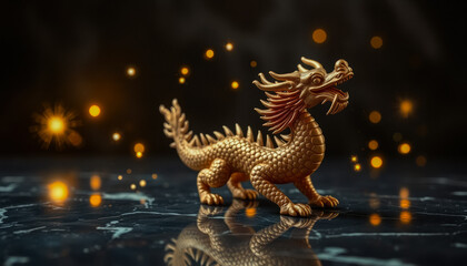 Fototapeta premium Dragon Figurine Amidst Festive Lights