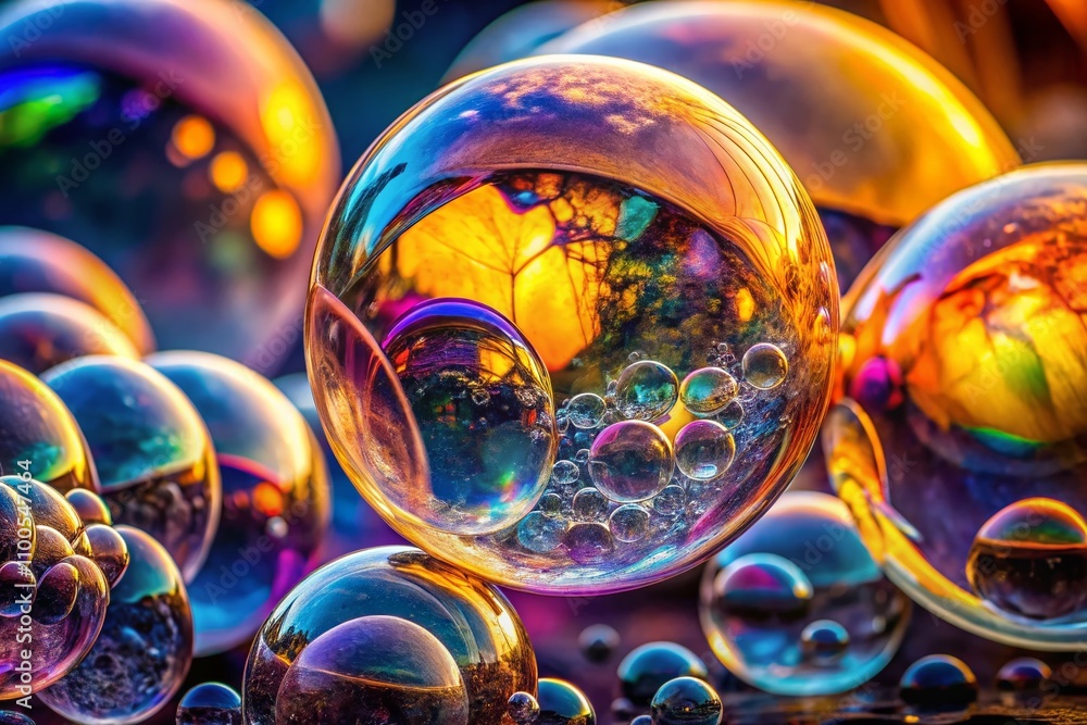 Poster abstract texture close-up of soap bubbles reflecting colors and patterns with urban exploration vibe