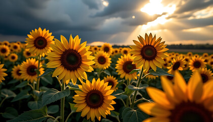 Obraz premium Golden yellow sunflowers dark brown centers sunset field summer joy 