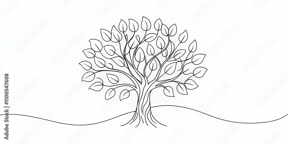 Poster abstract tree in continuous line art drawing style with black linear design for decorative purposes 