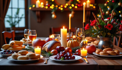 Warm autumnal Thanksgiving feast table setting  red, gold  cozy, festive, gratitude  holiday dinner 
