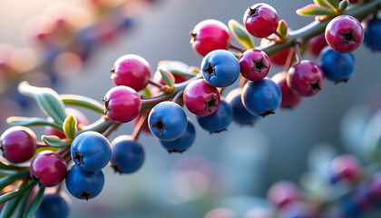 Vibrant red blue berries branch closeup nature background autumn harvest freshness
