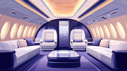 Fototapeta premium Luxurious Private Jet Interior with White Leather Seats and a Glass Table