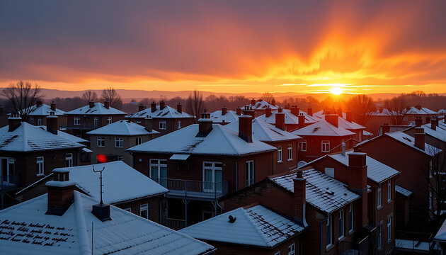 Snowy rooftops winter sunset orange red serene calmness 
