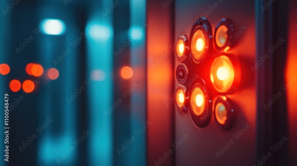Poster abstract futuristic technological interface with glowing red button lights
