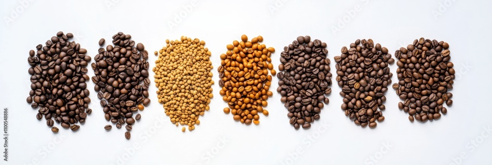 Poster different types of coffee beans are arranged neatly on a white surface, with space on the right for 