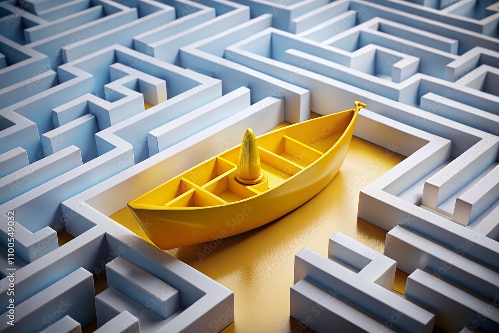 Poster A Captivating Minimalist Scene of a Yellow Boat Sailing Out of a Maze Symbolizing Creative Problem Solving and Innovative Thinking in a Serene Environment