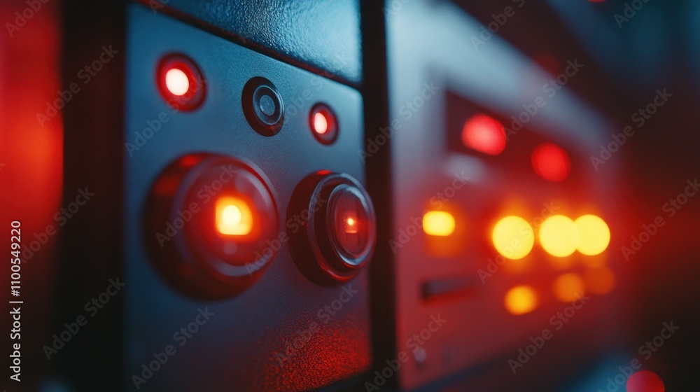Poster close-up of illuminated buttons and lights on a control panel in a dimly lit setting
