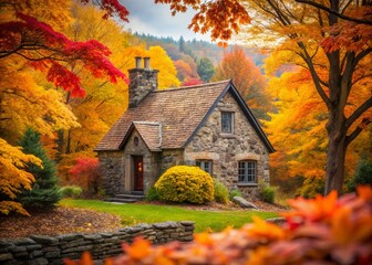 Naklejka premium A Charming Stone Cottage Surrounded by Vibrant Autumn Foliage, Capturing the Essence of Seasonal Change in a Minimalist Style with Warm Tones and Natural Beauty