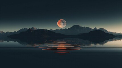 Twilight Landscape with Full Moon Over Blue Lake and Silhouetted Trees