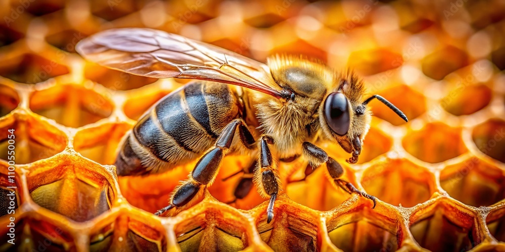 Poster a close-up view of a single bee entering a honeycomb cell with detailed texture and pollen grain hig