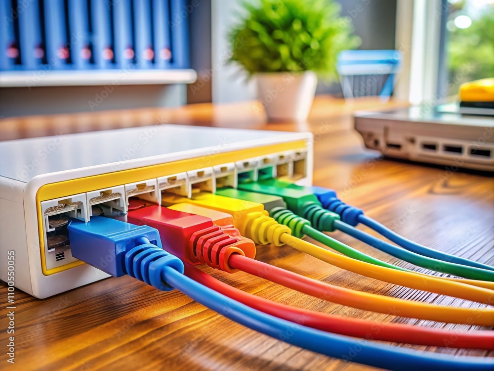 Aufkleber a close-up view of network cables connected to a router or modem, showcasing a tangle of colorful wi