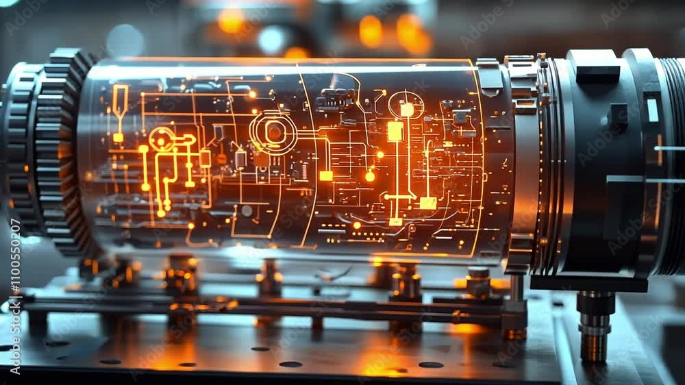 Poster futuristic energy core showcasing intricate technology and glowing circuitry in a laboratory setting