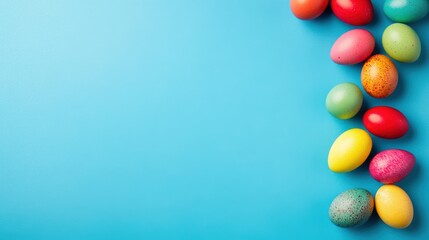 Colorful Easter Eggs Arranged in a Diagonal Pattern on a Cyan Background