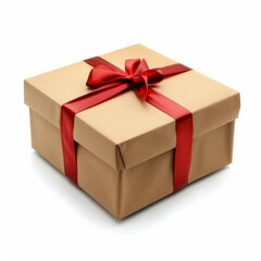 Fototapeta premium Golden gift box wrapped with red ribbon is lying on white background