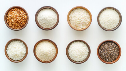 Close up of various gluten free flours arranged in bowls for healthy cooking