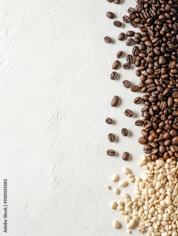 Poster various types of coffee beans are scattered on a white background, creating contrast and leaving bla