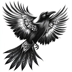 A stylized black and white illustration of a raven in flight with intricate feather details.