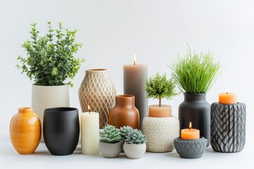 A variety of decorative items including vases, candles, and small plants are artfully arranged, enhancing home decor with a fresh and inviting look. Generative AI