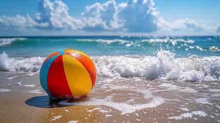 Naklejka premium Vibrant beach ball rests on shore as waves crash gently in a colorful seaside escape