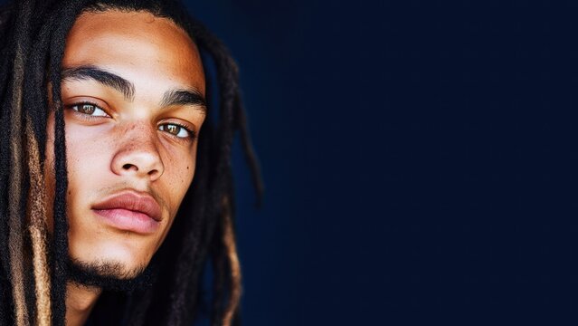 Portrait of a Young Biracial Man with Long Dreadlocks and Focused Expression on Deep Navy Background