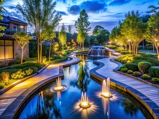 Obraz premium A Detailed Blueprint of a Landscape Design Featuring Pathways, Garden Areas, and Water Features, Perfect for Planning Your Outdoor Space Efficiently and Beautifully