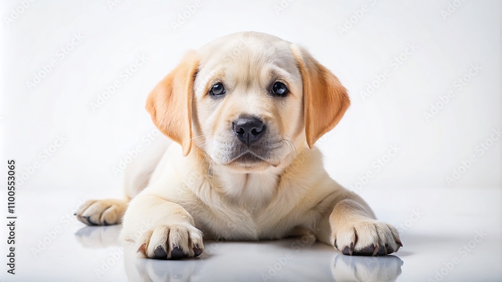 Poster adorable and playful labrador puppy lying on a crisp white background with ample copy space for crea