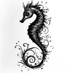 Fototapeta premium A stylized black and white seahorse with intricate floral designs.