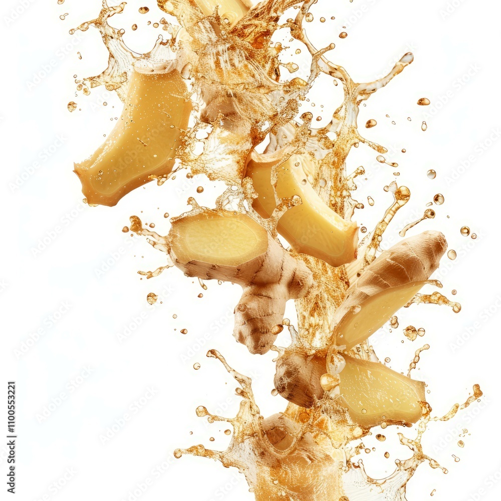 Poster fresh ginger root slices are falling into splashing juice on white background