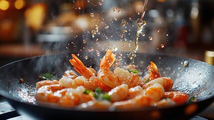 Dynamic Shot of Golden-Brown Shrimp Sizzling in a Pan with Oil Splashing. delicious sea food close up
