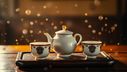 Fototapeta premium Elegant Tea Set on Wooden Table for Chinese New Year