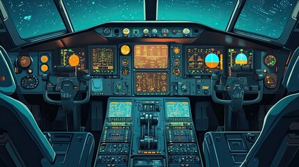 Fototapeta premium Night Flight: An Airplane Cockpit with Starry Sky View