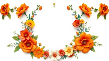 Obraz premium Floral frame with white circle in center, filled with red, orange, blue, green, and yellow generative AI flowers, floral arrangement, blue