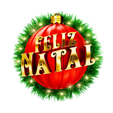 Christmas wreath label with bell and red ribbon isolated on white background. The name Natal means Christmas. 3d render illustration
