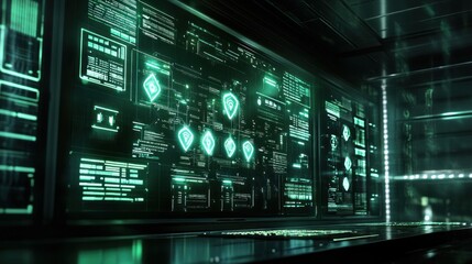 Futuristic Digital Interface with Data and Sci-Fi Holographic Displays in Neon Green Light