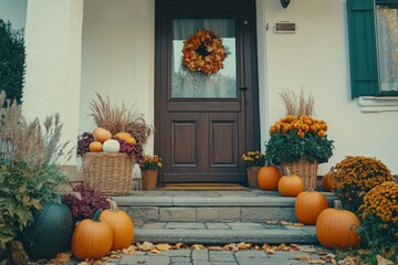 Obraz premium Porch adorned for Halloween and Thanksgiving featuring autumn decor pumpkins on steps and a welcoming entrance with baskets and chrysanthemums