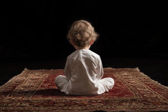 Ramadan scene young Muslim child praying rear view