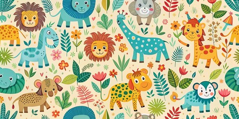 Adorable Hand-Drawn Safari Animals Birthday Background for Wrapping and Surface Designs, Perfect for Kids' Parties and Playful Decorations