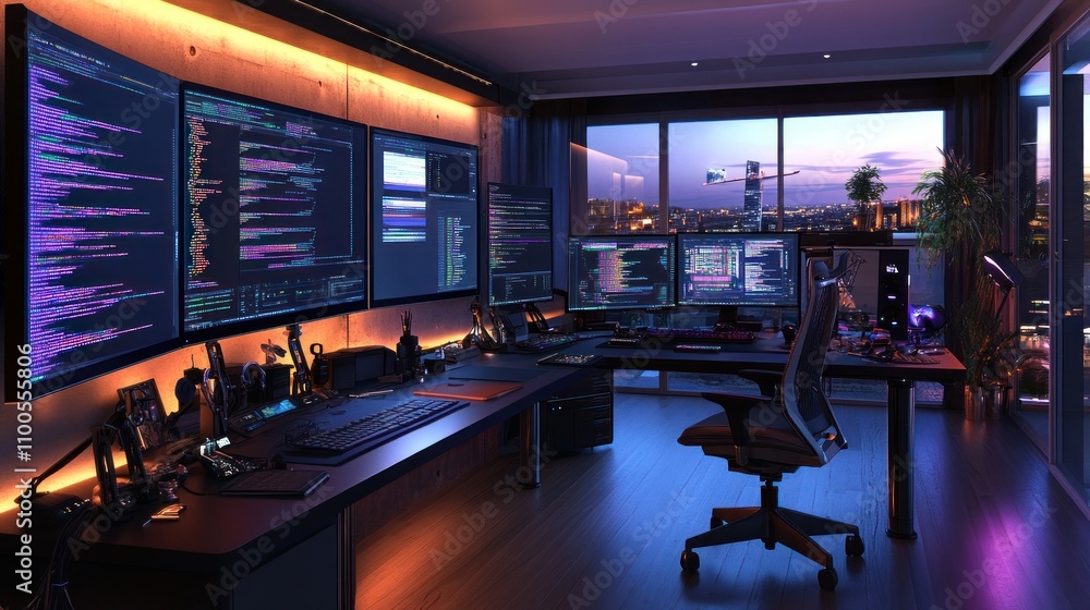 Poster high-tech workspace with multiple monitors overlooking city at dusk
