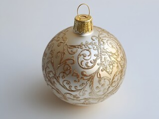 A matte gold Christmas ornament with delicate ornamental on white background