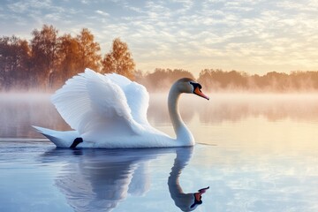 Fototapeta premium Silent swan moving through a foggy lake at dawn Enchanting morning scene serene beauty fairy tale atmosphere