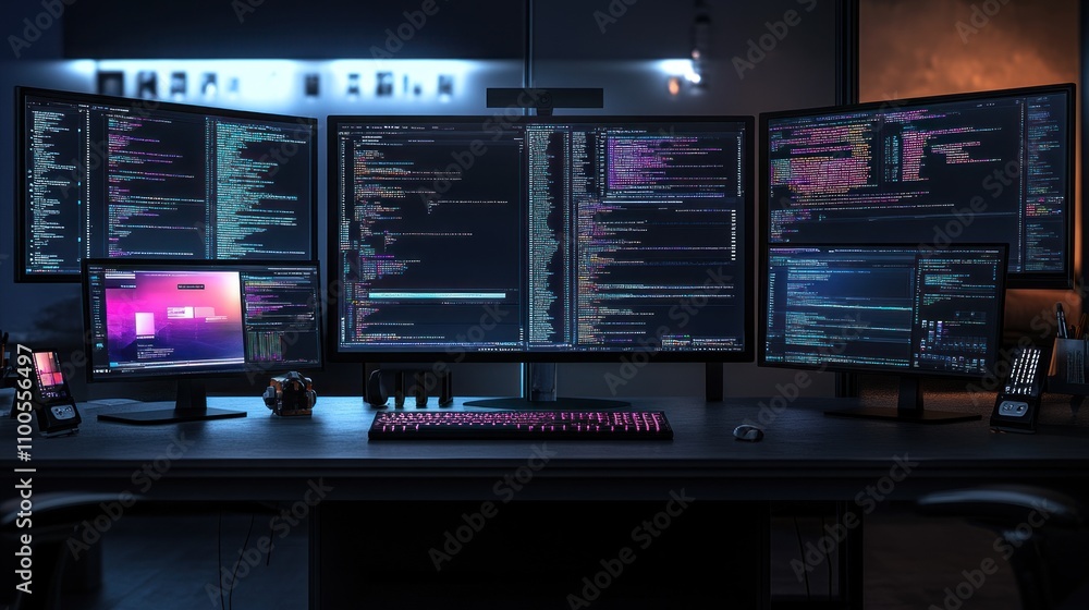 Poster modern workspace of developer with multiple monitors illuminated in neon light