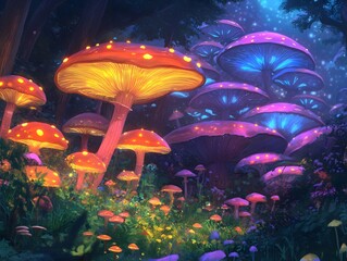 Fototapeta premium A meadow full of gigantic glowing mushrooms