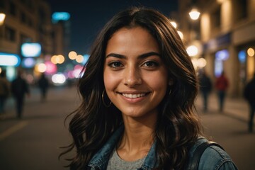 Close portrait of a smiling young Egyptian woman looking at the camera, Egyptian city outdoors at night blurred background