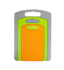 Chopping cutting board set on white background. Cutting boards plastic isolated set of three colours