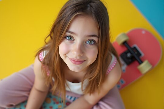 Young girl sitting on colorful floor with skateboard, smiling and enjoying her time indoors during the afternoon